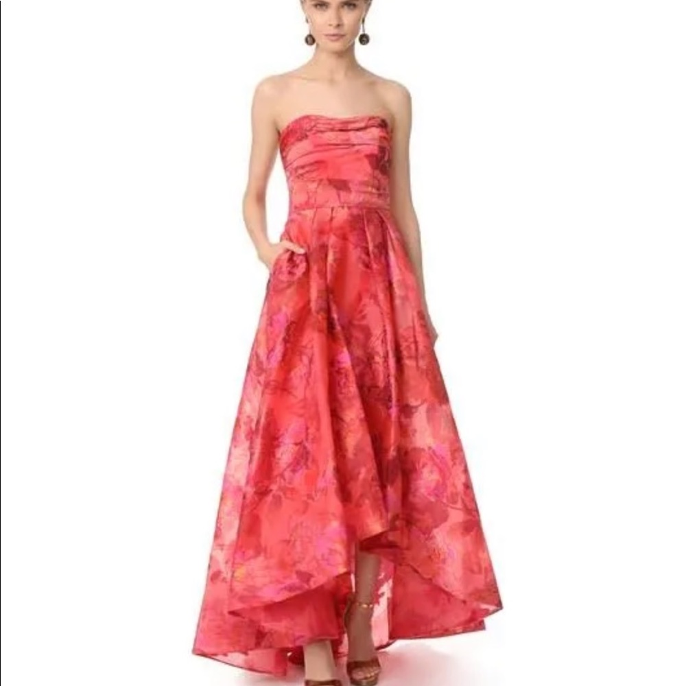 Marchesa Notte strapless floral fil coupe high-low gown in Fuschia